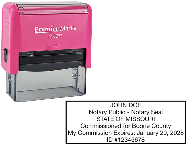 Missouri Pink Notary Rubber Stamp - Complies to Missouri notary requirements. Pink Stamp Frame. Premium Quality and thousands of initial impressions. Quick Production!