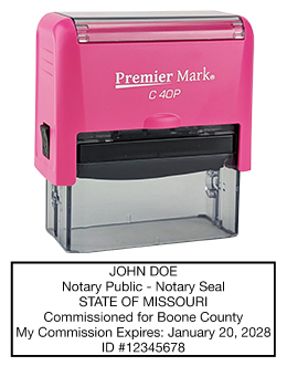 Missouri Pink Notary Rubber Stamp - Complies to Missouri notary requirements. Pink Stamp Frame. Premium Quality and thousands of initial impressions. Quick Production!