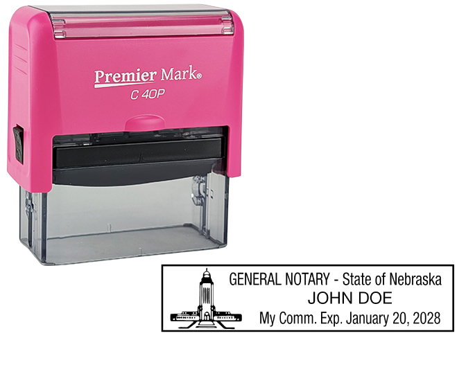 Nebraska Pink Notary Rubber Stamp - Complies to Nebraska notary requirements. Pink Stamp Frame. Premium Quality and thousands of initial impressions. Quick Production!