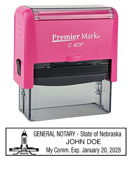 Nebraska Pink Notary Rubber Stamp - Complies to Nebraska notary requirements. Pink Stamp Frame. Premium Quality and thousands of initial impressions. Quick Production!
