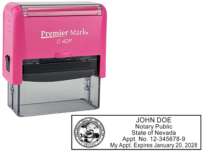Nevada Pink Notary Rubber Stamp - Complies to Nevada notary requirements. Pink Stamp Frame. Premium Quality and thousands of initial impressions. Quick Production!