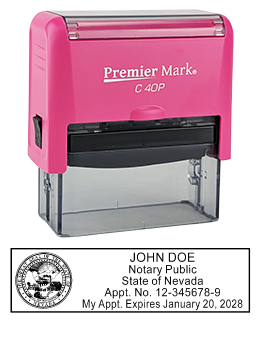 Nevada Pink Notary Rubber Stamp - Complies to Nevada notary requirements. Pink Stamp Frame. Premium Quality and thousands of initial impressions. Quick Production!