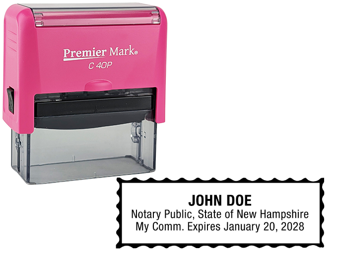 New Hampshire Pink Notary Rubber Stamp - Complies to New Hampshire notary requirements. Pink Stamp Frame. Premium Quality and thousands of initial impressions. Quick Production!
