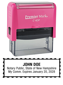 New Hampshire Pink Notary Rubber Stamp - Complies to New Hampshire notary requirements. Pink Stamp Frame. Premium Quality and thousands of initial impressions. Quick Production!