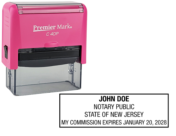 New Jersey Pink Notary Rubber Stamp - Complies to New Jersey notary requirements. Pink Stamp Frame. Premium Quality and thousands of initial impressions. Quick Production!