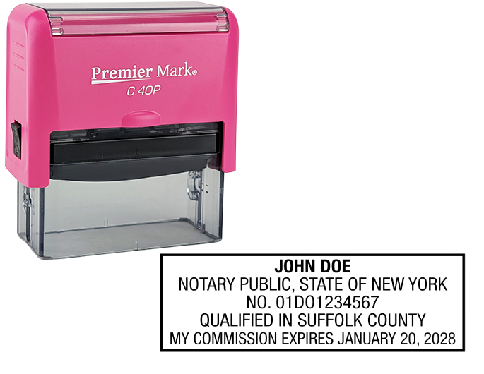 New York Pink Notary Rubber Stamp - Complies to New York notary requirements. Pink Stamp Frame. Premium Quality and thousands of initial impressions. Quick Production!