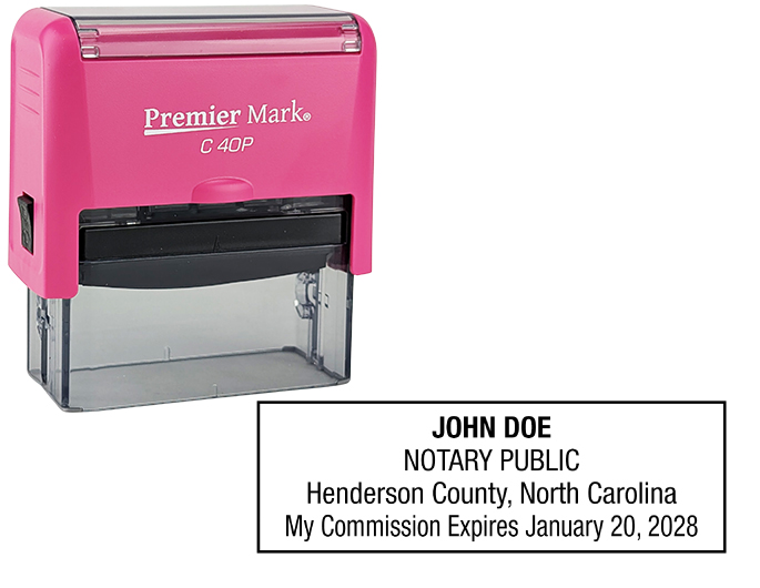 North Carolina Pink Notary Rubber Stamp - Complies to North Carolina notary requirements. Pink Stamp Frame. Premium Quality and thousands of initial impressions. Quick Production!