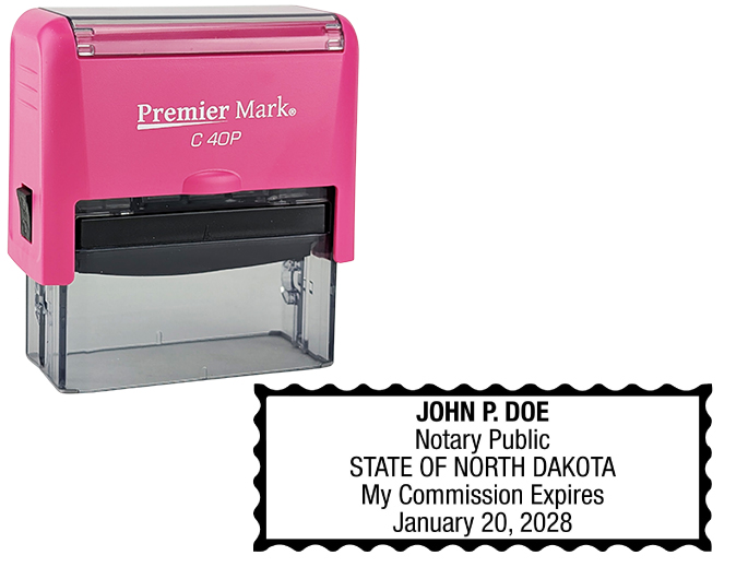 North Dakota Pink Notary Rubber Stamp - Complies to North Dakota notary requirements. Pink Stamp Frame. Premium Quality and thousands of initial impressions. Quick Production!