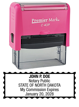 North Dakota Pink Notary Rubber Stamp - Complies to North Dakota notary requirements. Pink Stamp Frame. Premium Quality and thousands of initial impressions. Quick Production!