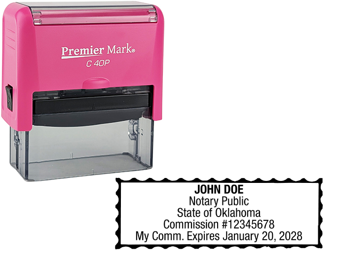 Oklahoma Pink Notary Rubber Stamp - Complies to Oklahoma notary requirements. Pink Stamp Frame. Premium Quality and thousands of initial impressions. Quick Production!