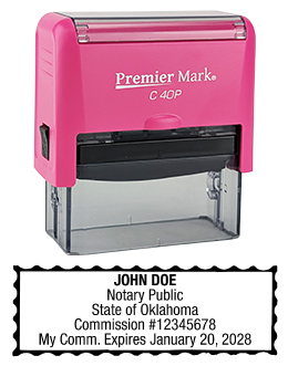 Oklahoma Pink Notary Rubber Stamp - Complies to Oklahoma notary requirements. Pink Stamp Frame. Premium Quality and thousands of initial impressions. Quick Production!