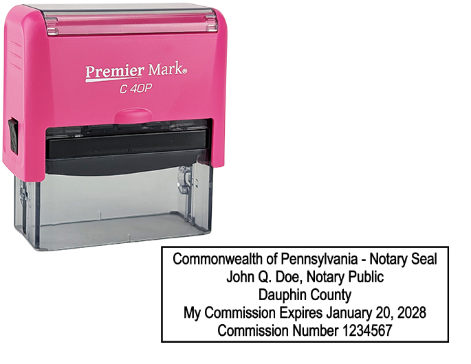 Pennsylvania Pink Notary Rubber Stamp - Complies to Pennsylvania notary requirements. Pink Stamp Frame. Premium Quality and thousands of initial impressions. Quick Production!