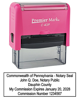 Pennsylvania Pink Notary Rubber Stamp - Complies to Pennsylvania notary requirements. Pink Stamp Frame. Premium Quality and thousands of initial impressions. Quick Production!