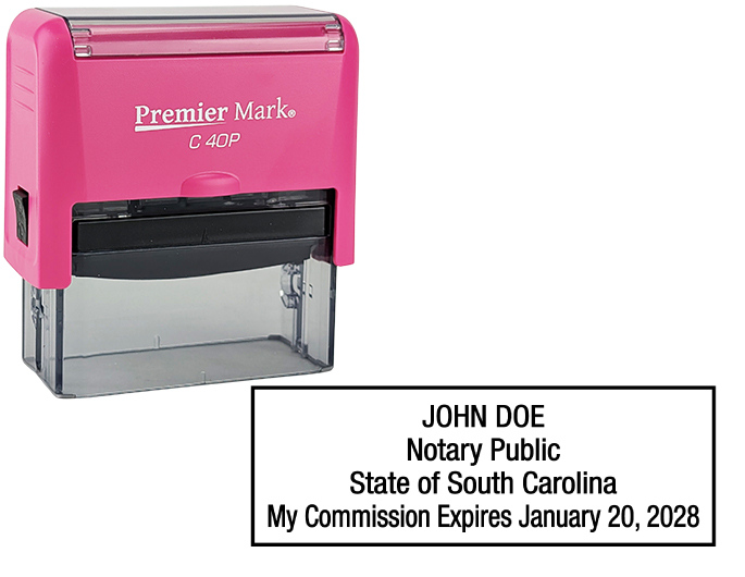 South Carolina Pink Notary Rubber Stamp - Complies to South Carolina notary requirements. Pink Stamp Frame. Premium Quality and thousands of initial impressions. Quick Production!