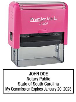 South Carolina Pink Notary Rubber Stamp - Complies to South Carolina notary requirements. Pink Stamp Frame. Premium Quality and thousands of initial impressions. Quick Production!