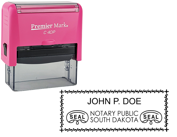 South Dakota Pink Notary Rubber Stamp - Complies to South Dakota notary requirements. Pink Stamp Frame. Premium Quality and thousands of initial impressions. Quick Production!