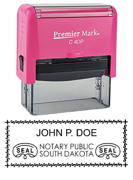 South Dakota Pink Notary Rubber Stamp - Complies to South Dakota notary requirements. Pink Stamp Frame. Premium Quality and thousands of initial impressions. Quick Production!