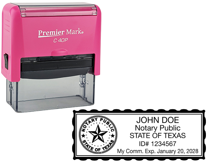 Texas Pink Notary Rubber Stamp - Complies to Texas notary requirements. Pink Stamp Frame. Premium Quality and thousands of initial impressions. Quick Production!