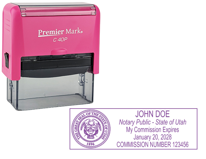 Utah Pink Notary Rubber Stamp - Complies to Utah notary requirements. Pink Stamp Frame. Premium Quality and thousands of initial impressions. Quick Production!