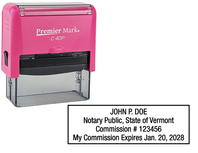 Vermont Pink Notary Rubber Stamp - Complies to Vermont notary requirements. Pink Stamp Frame. Premium Quality and thousands of initial impressions. Quick Production!
