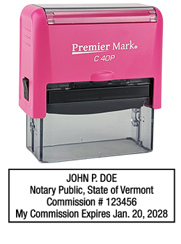Vermont Pink Notary Rubber Stamp - Complies to Vermont notary requirements. Pink Stamp Frame. Premium Quality and thousands of initial impressions. Quick Production!