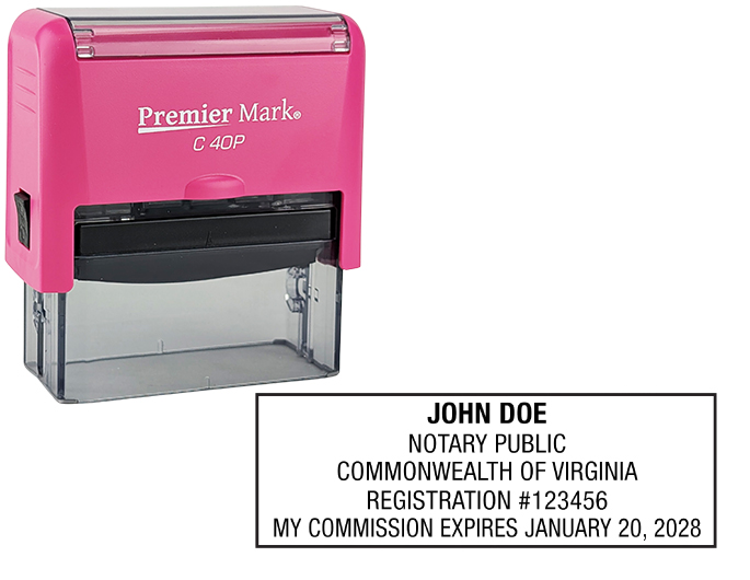 Virginia Pink Notary Rubber Stamp - Complies to Virginia notary requirements. Pink Stamp Frame. Premium Quality and thousands of initial impressions. Quick Production!
