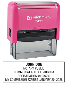 Virginia Pink Notary Rubber Stamp - Complies to Virginia notary requirements. Pink Stamp Frame. Premium Quality and thousands of initial impressions. Quick Production!