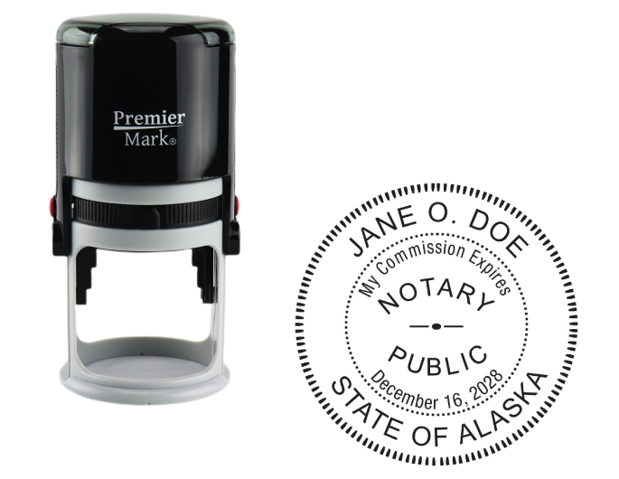 Alaska Notary Rubber Stamp - Complies to Alaska notary requirements. Premium Quality and thousands of initial impressions. Quick Production!