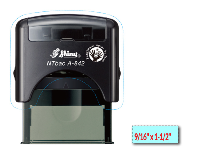 Shiny A-842 NTBac self-inking stamp. This stamp has been treated with a fungistatic agent that protects the product from fungal growth as well as restricts the growth and action of bacterial odors.