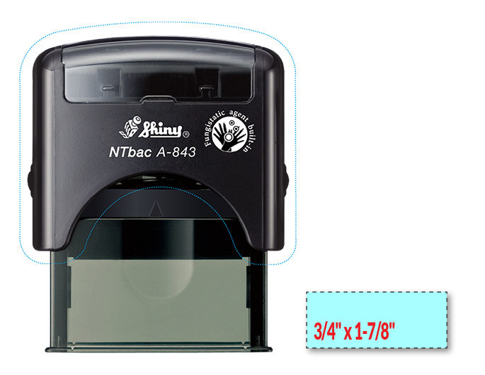 Shiny A-843 NTBac self-inking stamp. This stamp has been treated with a fungistatic agent that protects the product from fungal growth as well as restricts the growth and action of bacterial odors.