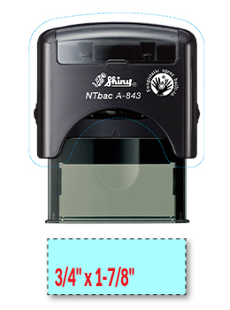 Shiny A-843 NTBac self-inking stamp. This stamp has been treated with a fungistatic agent that protects the product from fungal growth as well as restricts the growth and action of bacterial odors.