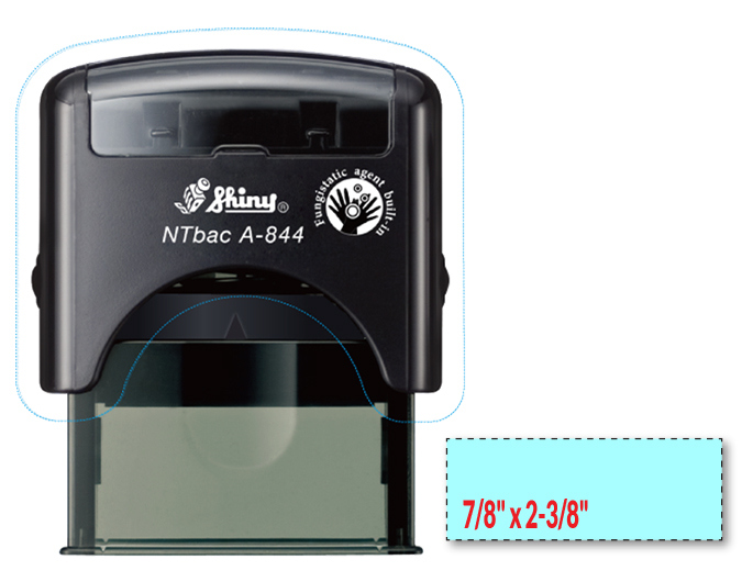 Shiny A-844 NTBac self-inking stamp. This stamp has been treated with a fungistatic agent that protects the product from fungal growth as well as restricts the growth and action of bacterial odors.