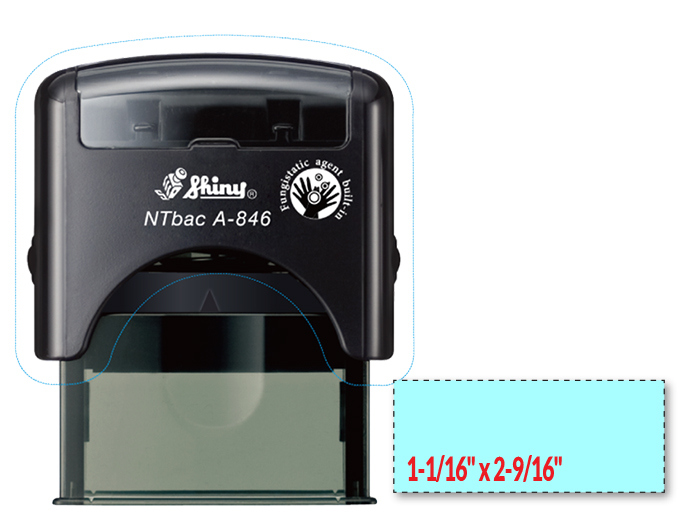 Shiny A-846 NTBac self-inking stamp. This stamp has been treated with a fungistatic agent that protects the product from fungal growth as well as restricts the growth and action of bacterial odors.