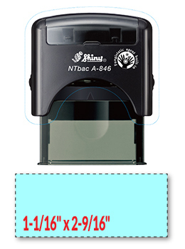 Shiny A-846 NTBac self-inking stamp. This stamp has been treated with a fungistatic agent that protects the product from fungal growth as well as restricts the growth and action of bacterial odors.