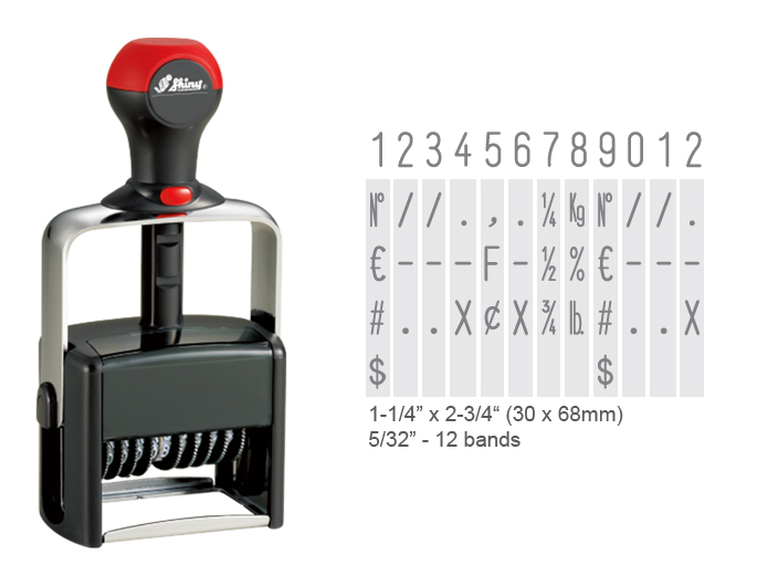 Shiny H-6412 is a 12-band numberer with numbers 0-9 and special symbols on the bands. Comes as a heavy-duty stamp with thousands of initial impressions.