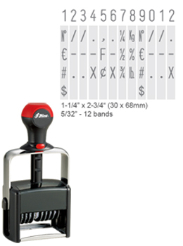 Shiny H-6412 is a 12-band numberer with numbers 0-9 and special symbols on the bands. Comes as a heavy-duty stamp with thousands of initial impressions.