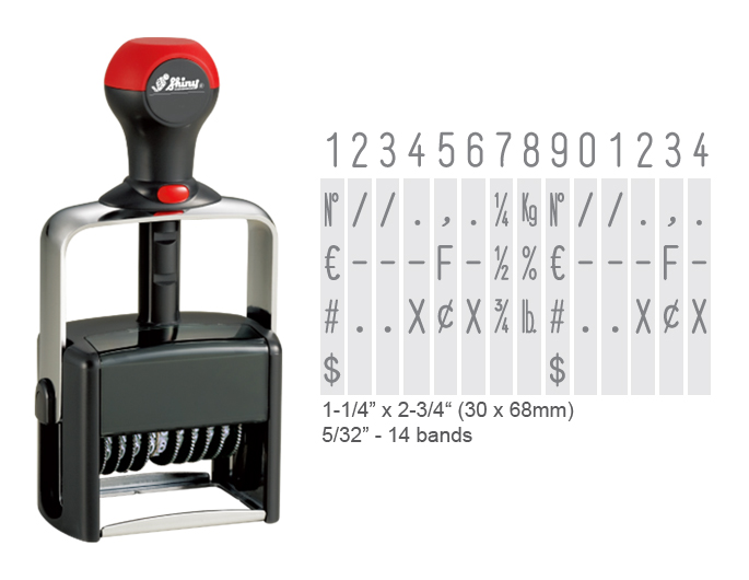 Shiny H-6414 is a 14-band numberer with numbers 0-9 and special symbols on the bands. Comes as a heavy-duty stamp with thousands of initial impressions.