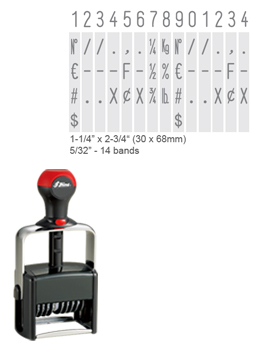 Shiny H-6414 is a 14-band numberer with numbers 0-9 and special symbols on the bands. Comes as a heavy-duty stamp with thousands of initial impressions.