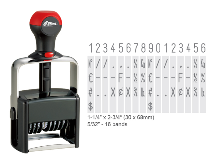 Shiny H-6416 is a 16-band numberer with numbers 0-9 and special symbols. Heavy duty stamp comes with thousands of initial impressions.