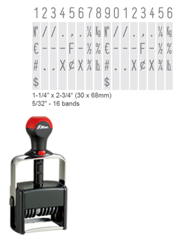 Shiny H-6416 is a 16-band numberer with numbers 0-9 and special symbols. Heavy duty stamp comes with thousands of initial impressions.