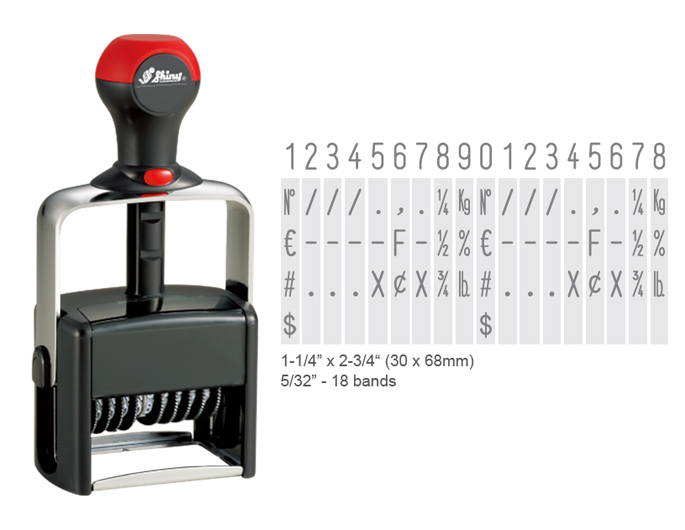 The Shiny H-6418 is a 18-band numberer with numbers 0-9 and special symbols. Heavy duty stamp with thousands of initial impressions.