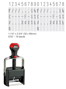 The Shiny H-6418 is a 18-band numberer with numbers 0-9 and special symbols. Heavy duty stamp with thousands of initial impressions.