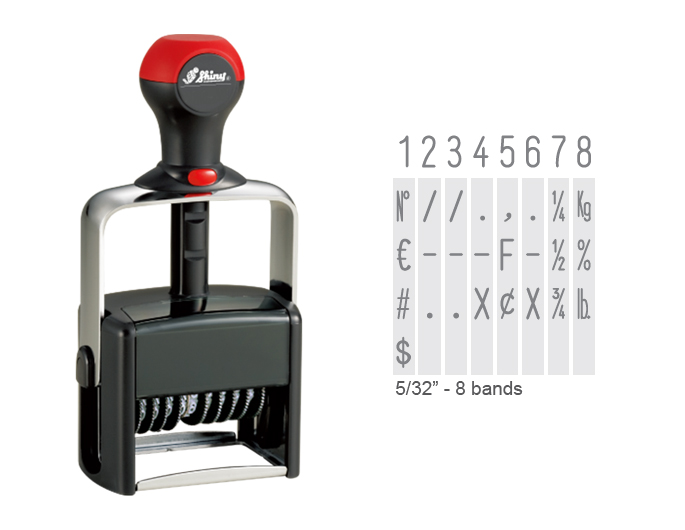 The Shiny H-6448 is a 8-band numberer with 5/32" tall characters. 8 bands are on this numberer and comes with thousands of impressions.