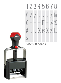 The Shiny H-6448 is a 8-band numberer with 5/32" tall characters. 8 bands are on this numberer and comes with thousands of impressions.