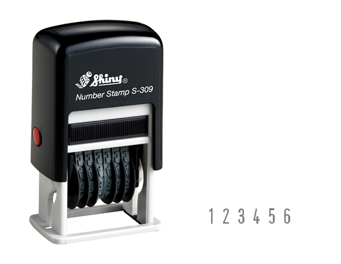 The Shiny S-309 self-inking numberer features 6 number bands. Change numbers by hand, re-inkable.