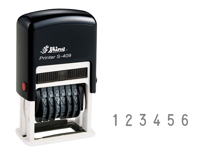 The Shiny S-409 self-inking numberer features 6 number bands. Change numbers by hand, re-inkable.