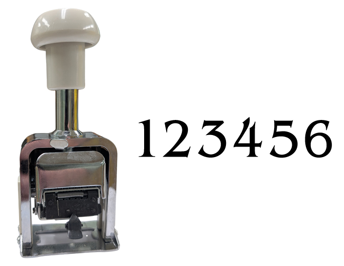 6-Wheel economy numbering machine, Roman font. 6 number wheels with 1/5" character height.