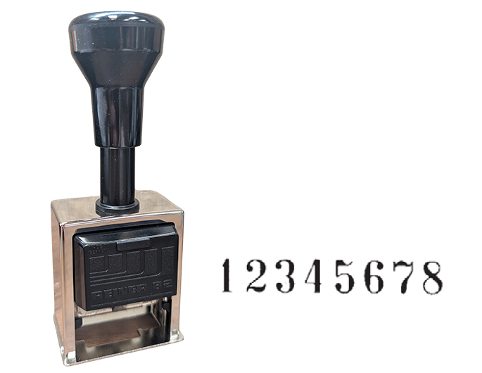 Reiner 320, 8-Wheel Numbering Machine, Roman Font. Sturdy, heavy-duty metal frame.