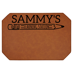 Create a unique learning zone with a one-of-a-kind learning mat.  These customized mats are laser engraved with your child's name.  Learning mats are synthetic leather (leatherette) and are available in many colors.