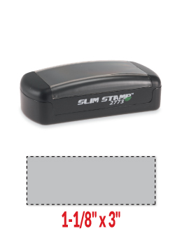 Slim 2773 pre-inked stamp.  Up to 7 lines of custom copy.  Stamp impression size is 1-1/8" x 3".  Chose from many ink colors.
